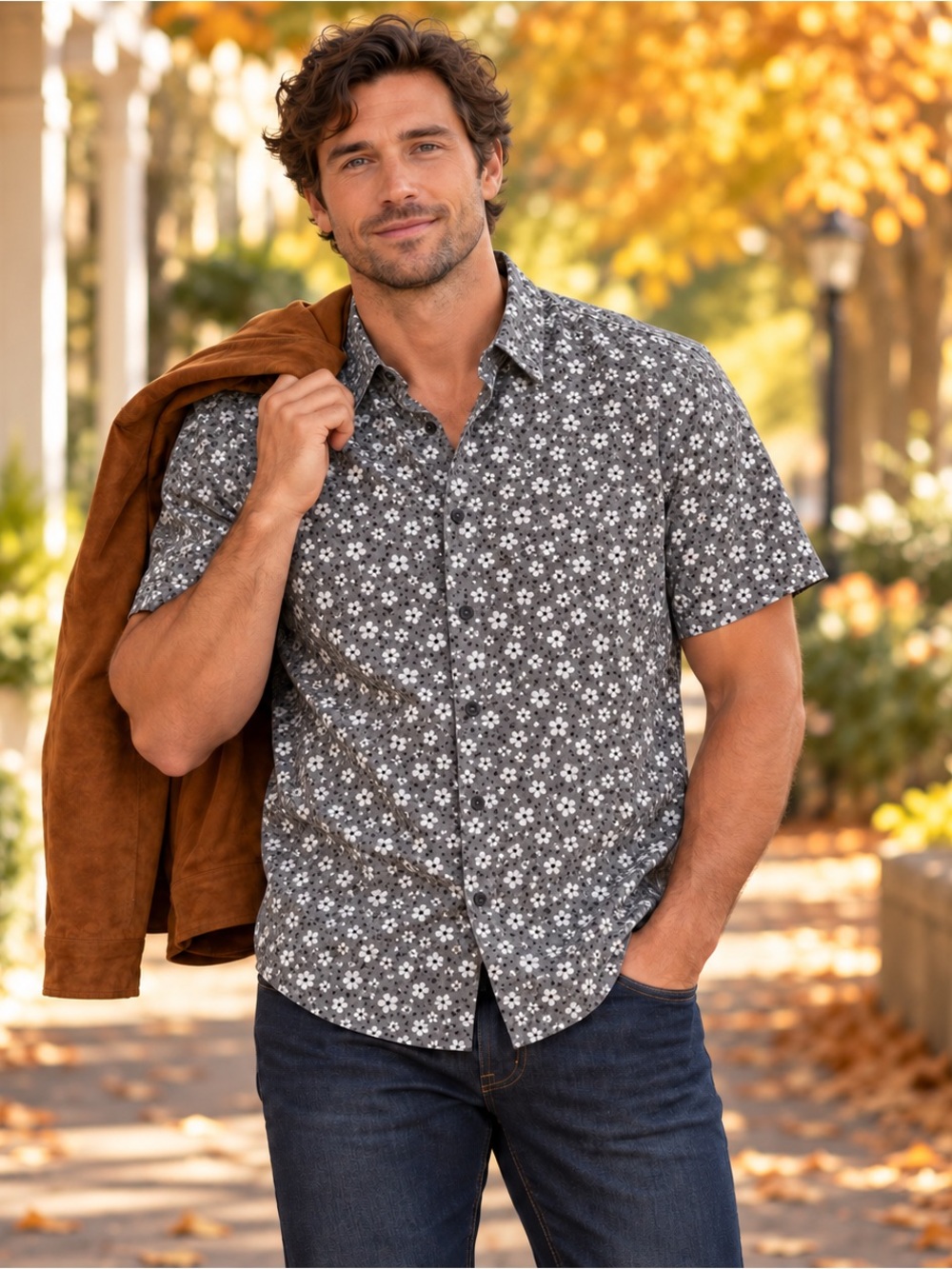 JACHS New York Men’s XXL Gray Floral Stretch Cotton Short Sleeve Shirt